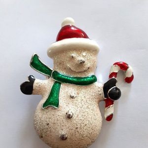 VTG Signed SFJ Christmas Snowman glittery enamel Brooch Pin